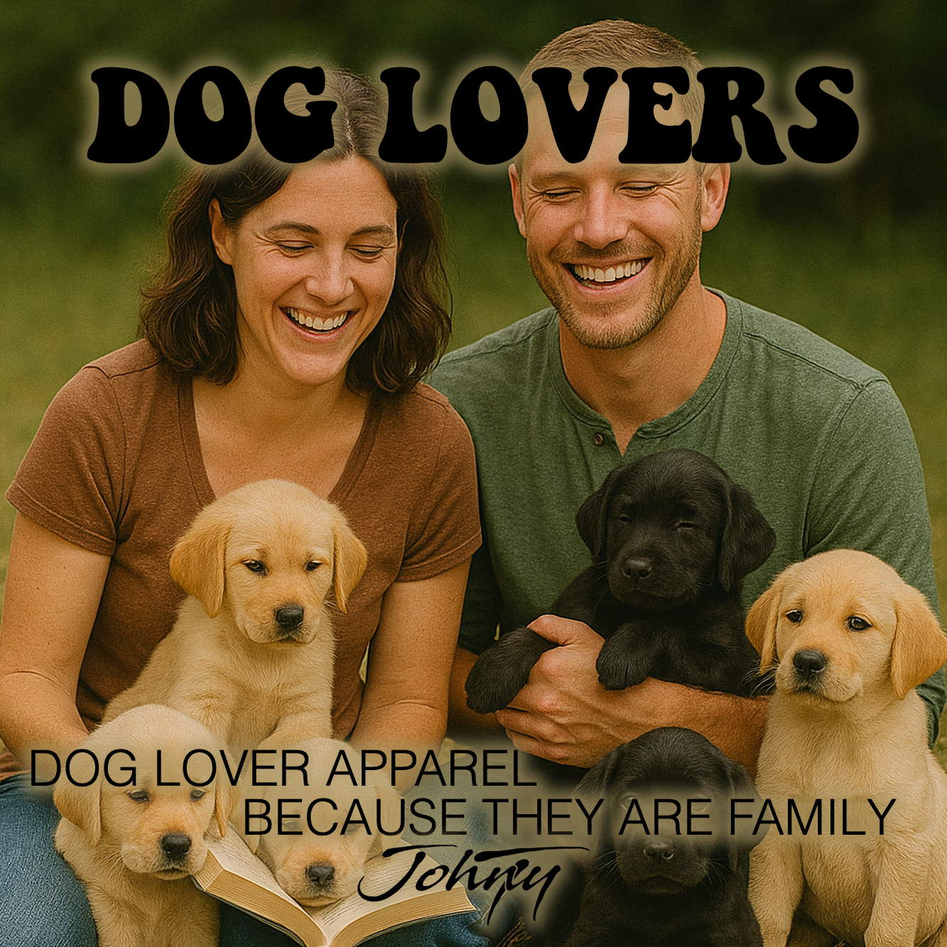 “Dog Lovers Collection image showing a smiling couple with adorable Labrador puppies, symbolizing love and family. Text reads ‘Dog Lover Apparel – Because They Are Family by Johny.’ Perfect banner for dog lover apparel.”