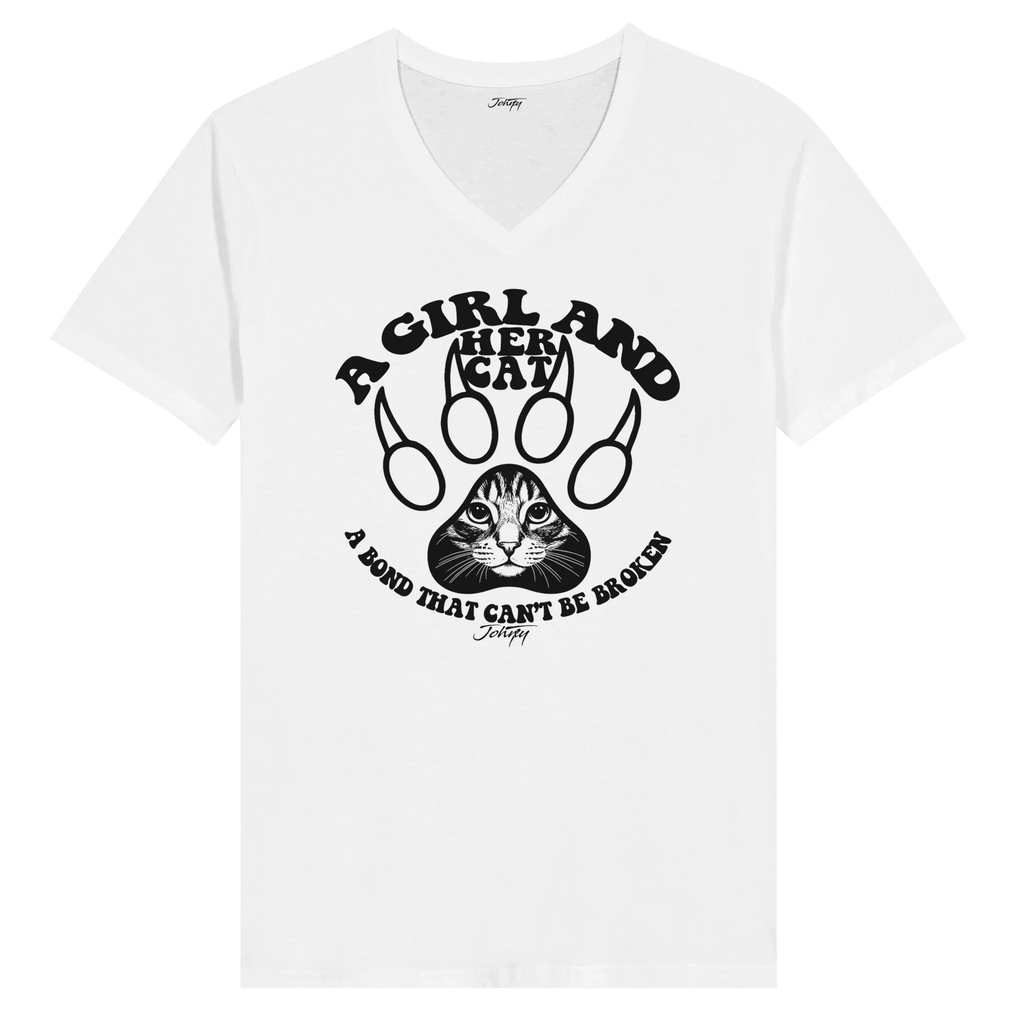 “White V-neck t-shirt reading ‘A Girl and Her Cat,’ heartfelt gift for cat moms and feline lovers.”