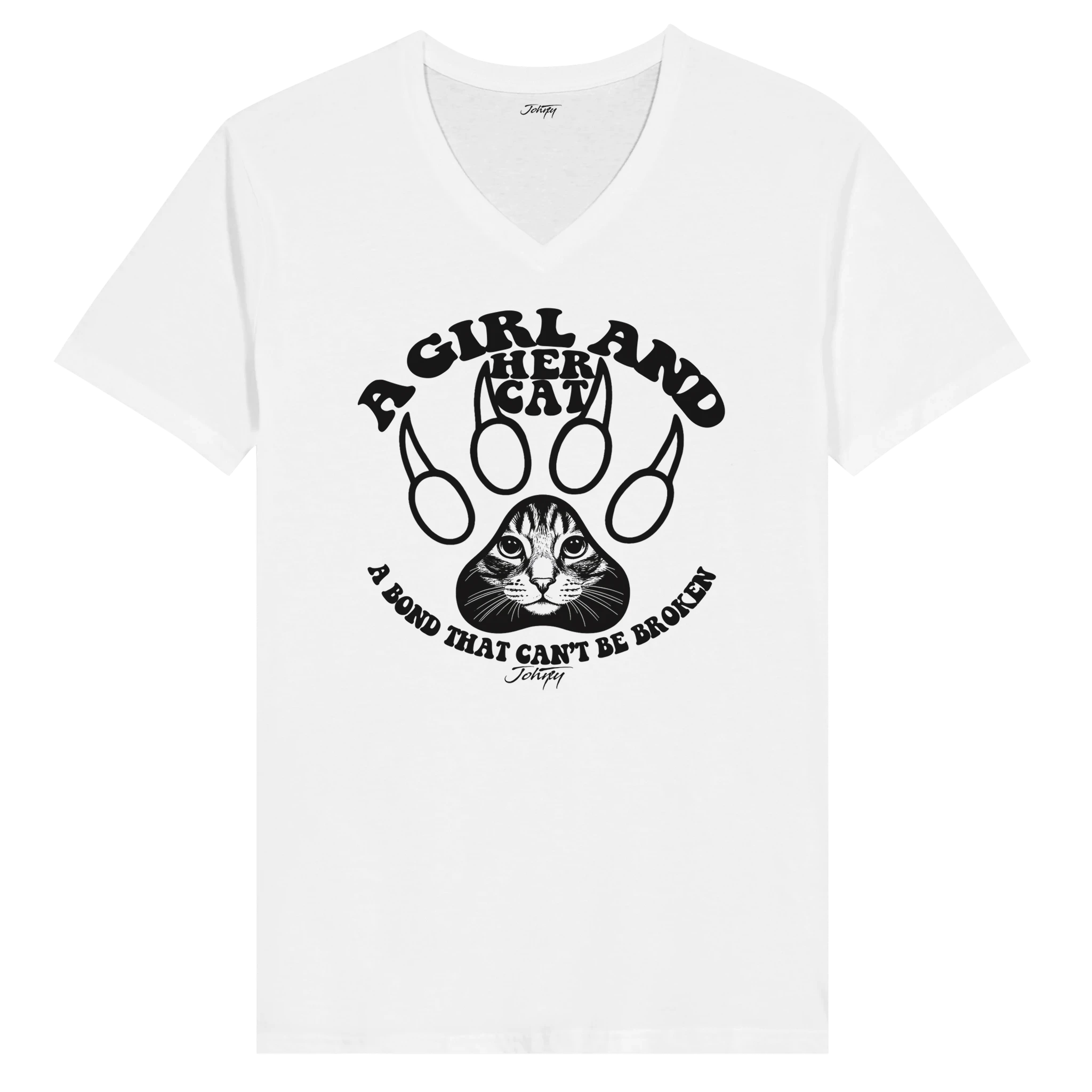 “White V-neck t-shirt reading ‘A Girl and Her Cat,’ heartfelt gift for cat moms and feline lovers.”