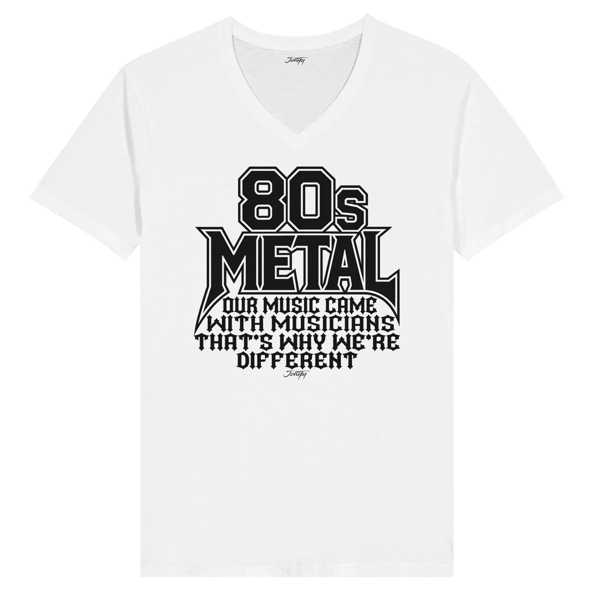White V-neck t-shirt featuring the bold 80s metal design: "Our music came with musicians, that's why we're different." A powerful statement for metal music lovers, celebrating the musicianship and impact of 80s metal.