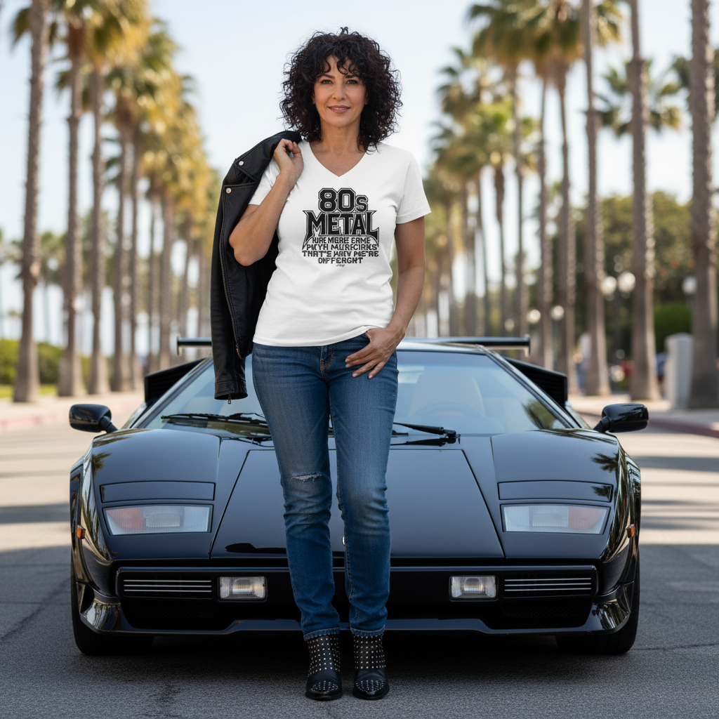 Woman in a white "80s METAL - Our music came with musicians, that's why we're different" t-shirt standing in front of a sleek black sports car, with palm trees in the background. A bold look combining 80s metal music culture with high-end style.