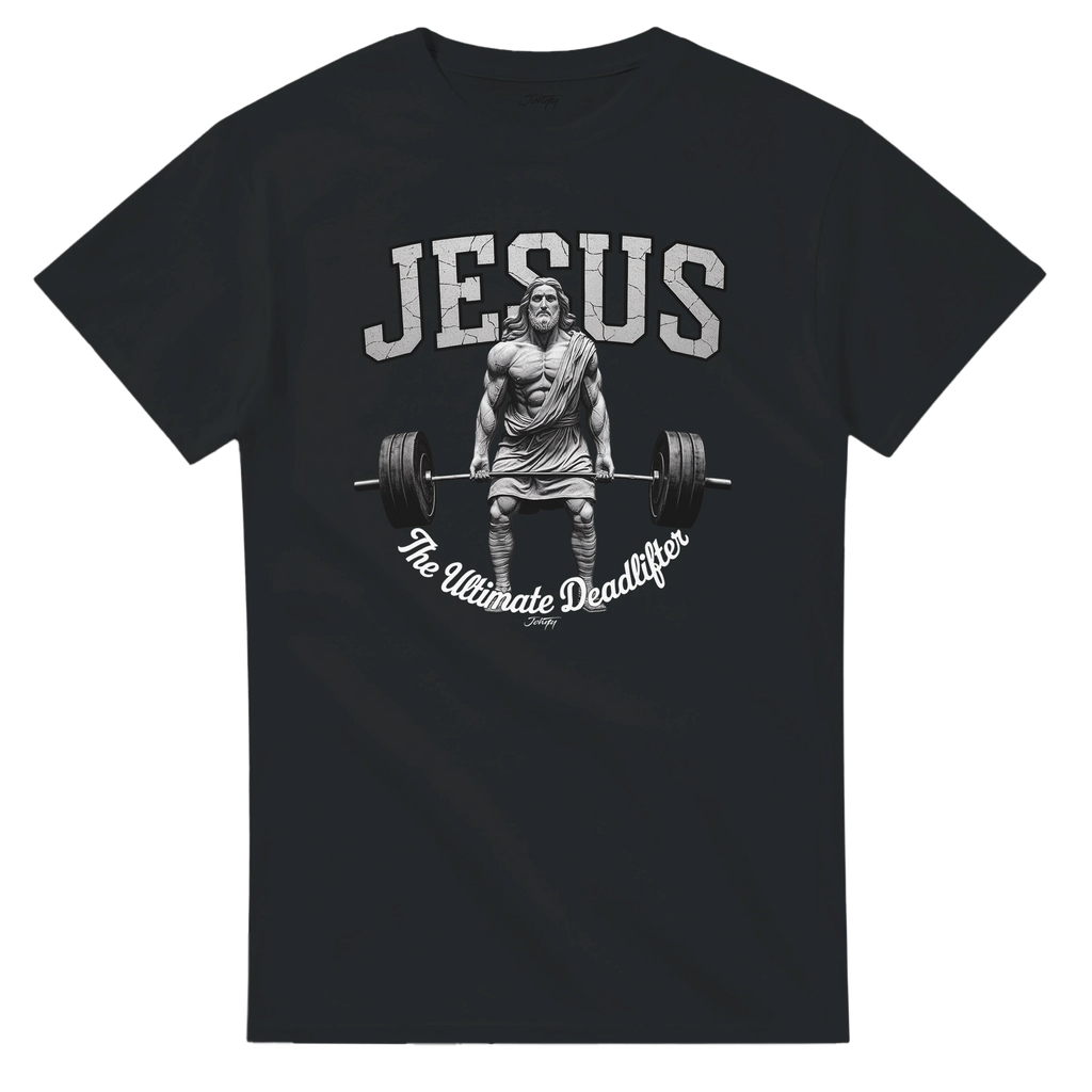 “Jesus The Ultimate Deadlifter T-shirt featuring muscular Jesus lifting barbell. Faith-inspired gym and Christian fitness apparel by Johny-T Apparel.”