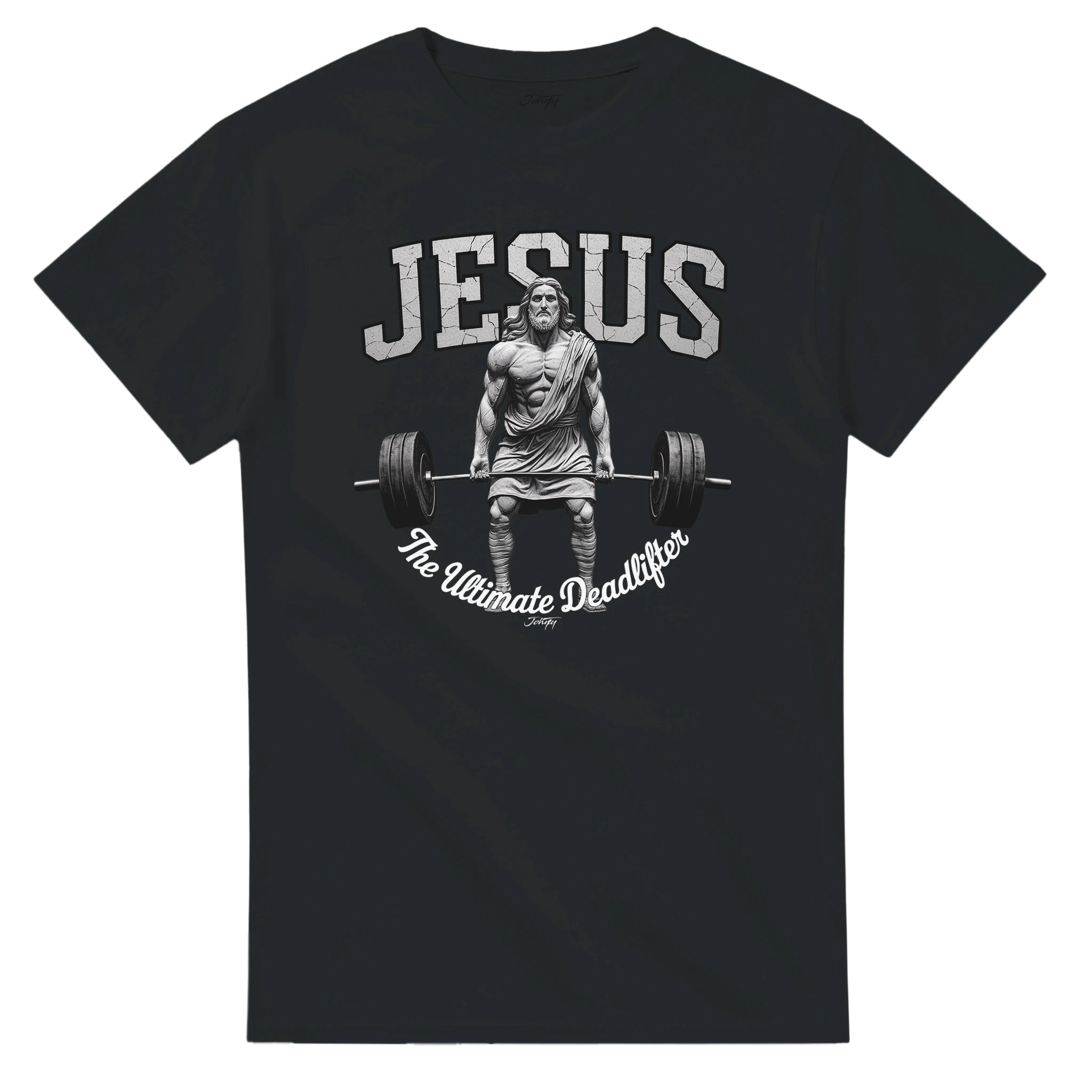 “Jesus The Ultimate Deadlifter T-shirt featuring muscular Jesus lifting barbell. Faith-inspired gym and Christian fitness apparel by Johny-T Apparel.”