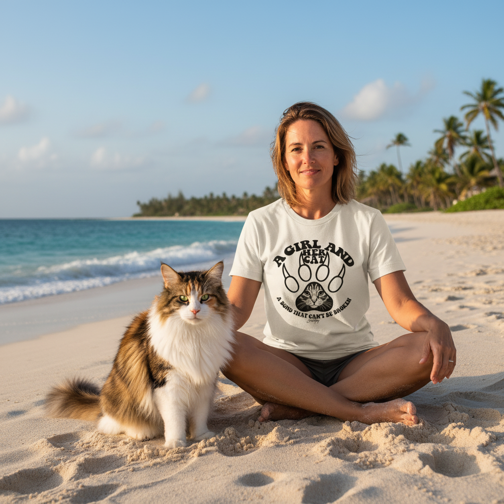 Woman wearing a cream “A Girl and Her Cat – A Bond That Can’t Be Broken” T-shirt, sitting on a sandy beach beside her fluffy cat with the ocean and palm trees in the background, symbolizing the peaceful bond between a girl and her cat.