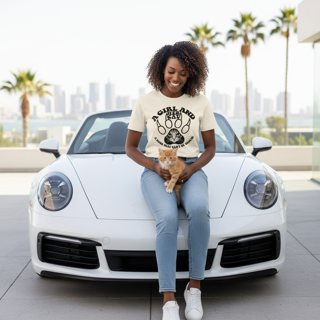 Smiling woman wearing a cream “A Girl and Her Cat – A Bond That Can’t Be Broken” T-shirt while sitting on a white car and holding an orange cat, with palm trees and city skyline in the background, showing the joyful bond between a girl and her cat.
