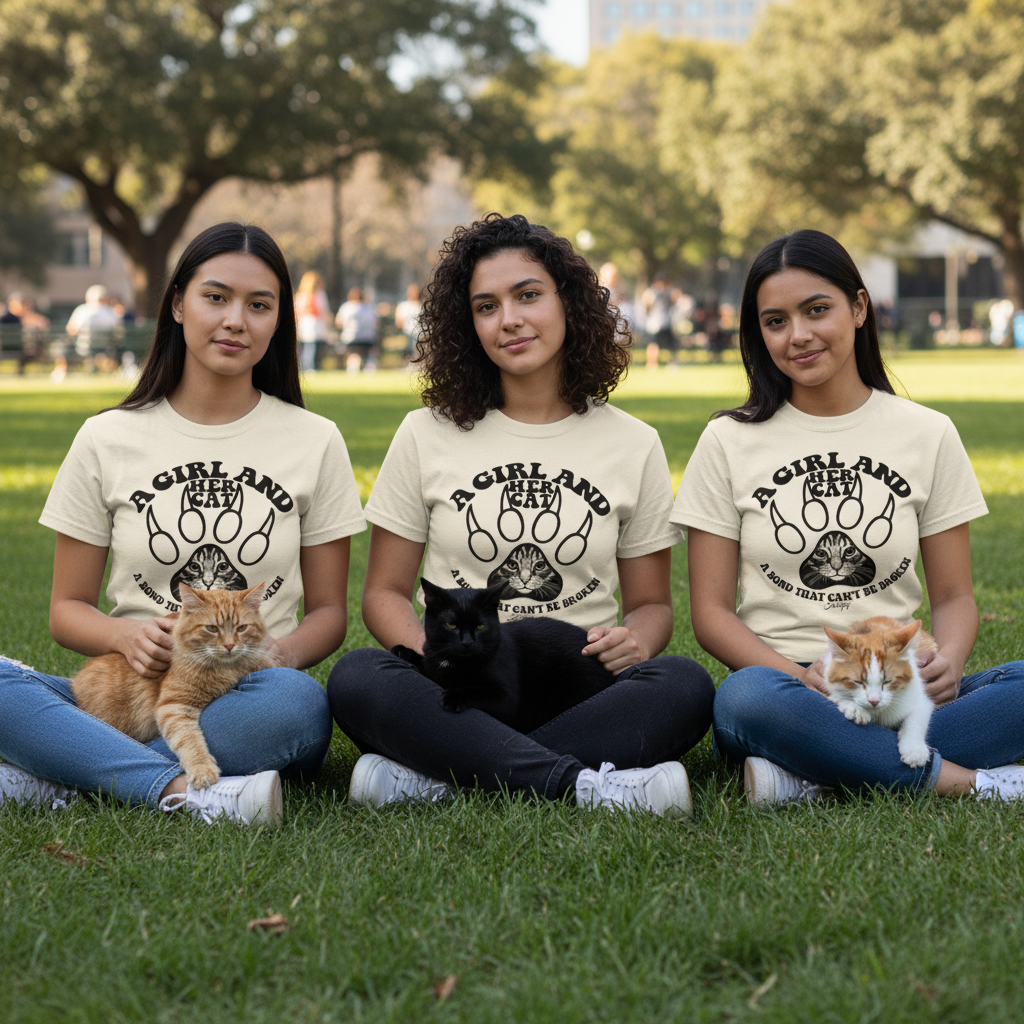 Three women sitting on grass wearing “A Girl and Her Cat – A Bond That Can’t Be Broken” T-shirts in multiple colour options, each holding a cat of different colours, symbolizing friendship and the deep bond between girls and their cats.