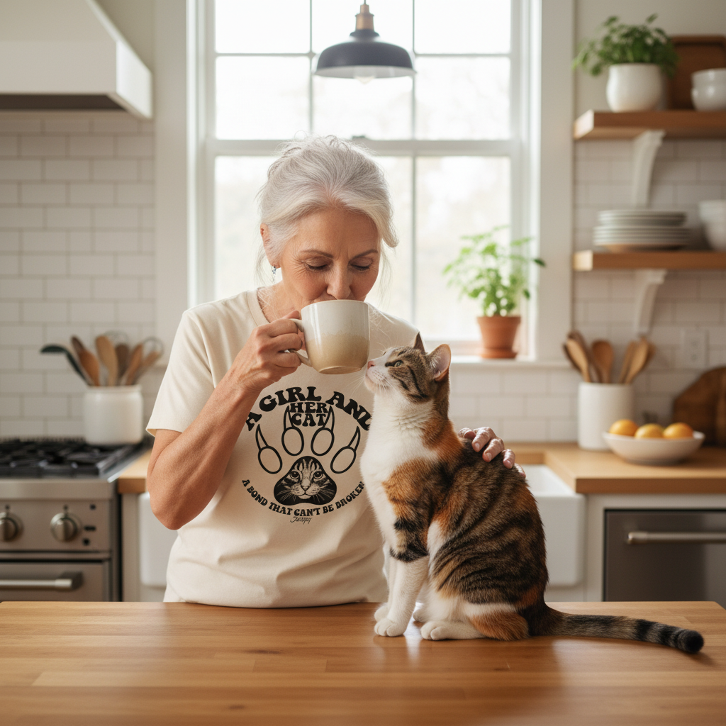 Older woman wearing a beige “A Girl and Her Cat – A Bond That Can’t Be Broken” T-shirt, enjoying coffee in a cozy kitchen while her calico cat sits beside her on the counter, showing the loving bond between cat owners and their pets.