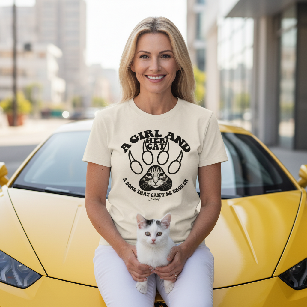 Smiling woman wearing a cream “A Girl and Her Cat – A Bond That Can’t Be Broken” T-shirt while sitting on a yellow car and holding a white kitten, symbolizing the strong bond between a girl and her cat in a modern city setting.