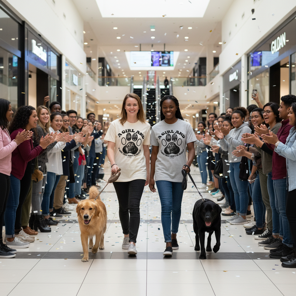 Two women walking dogs in a mall while wearing matching “A Girl and Her Dog — A Bond That Can’t Be Broken” T-shirts, surrounded by people cheering and clapping.