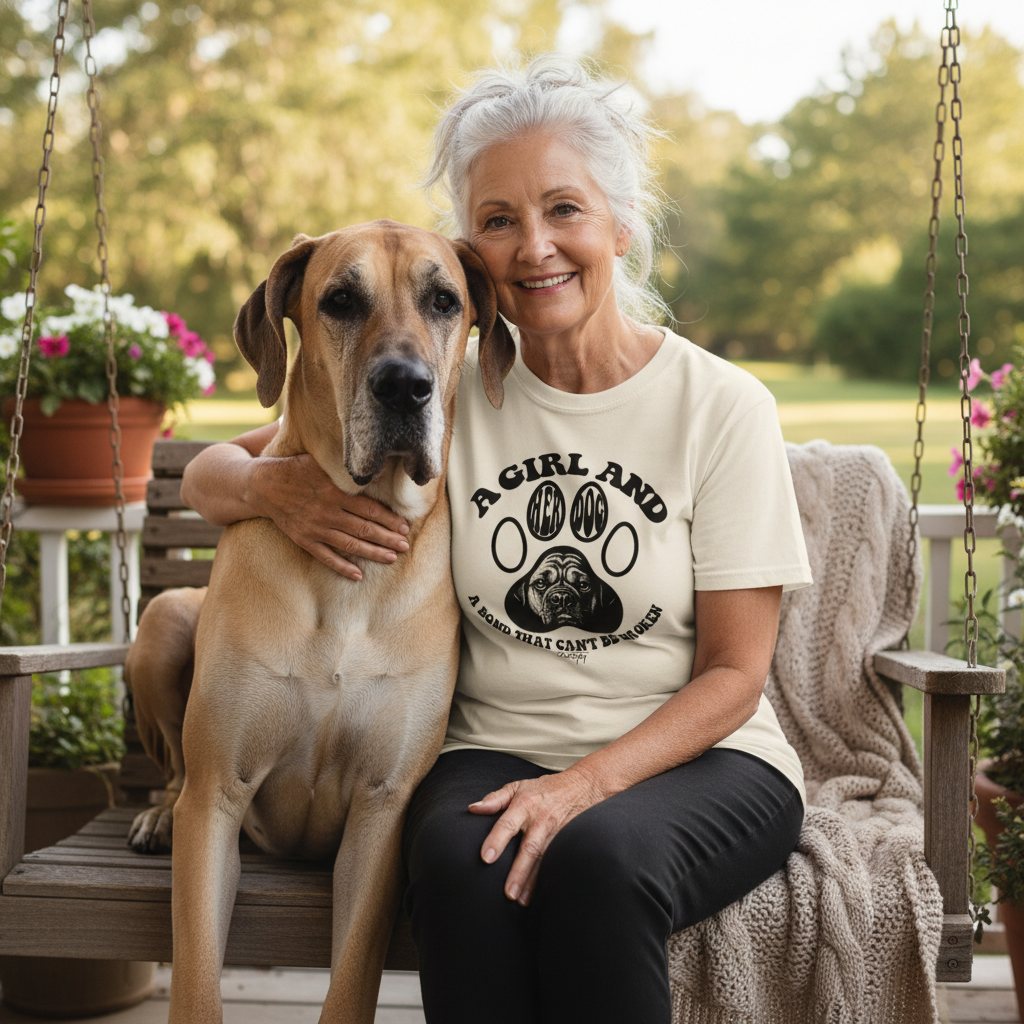 Smiling woman sitting on a porch swing wearing a beige “A Girl and Her Dog — A Bond That Can’t Be Broken” T-shirt while hugging her Great Dane beside her in a peaceful outdoor setting.