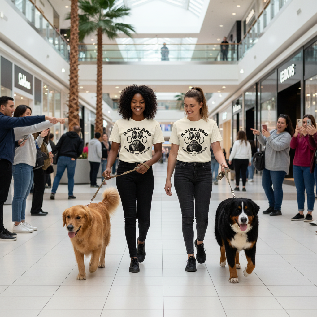 Two smiling women walking their dogs in a shopping mall while wearing matching “A Girl and Her Dog — A Bond That Can’t Be Broken” T-shirts, surrounded by people admiring them and taking photos.