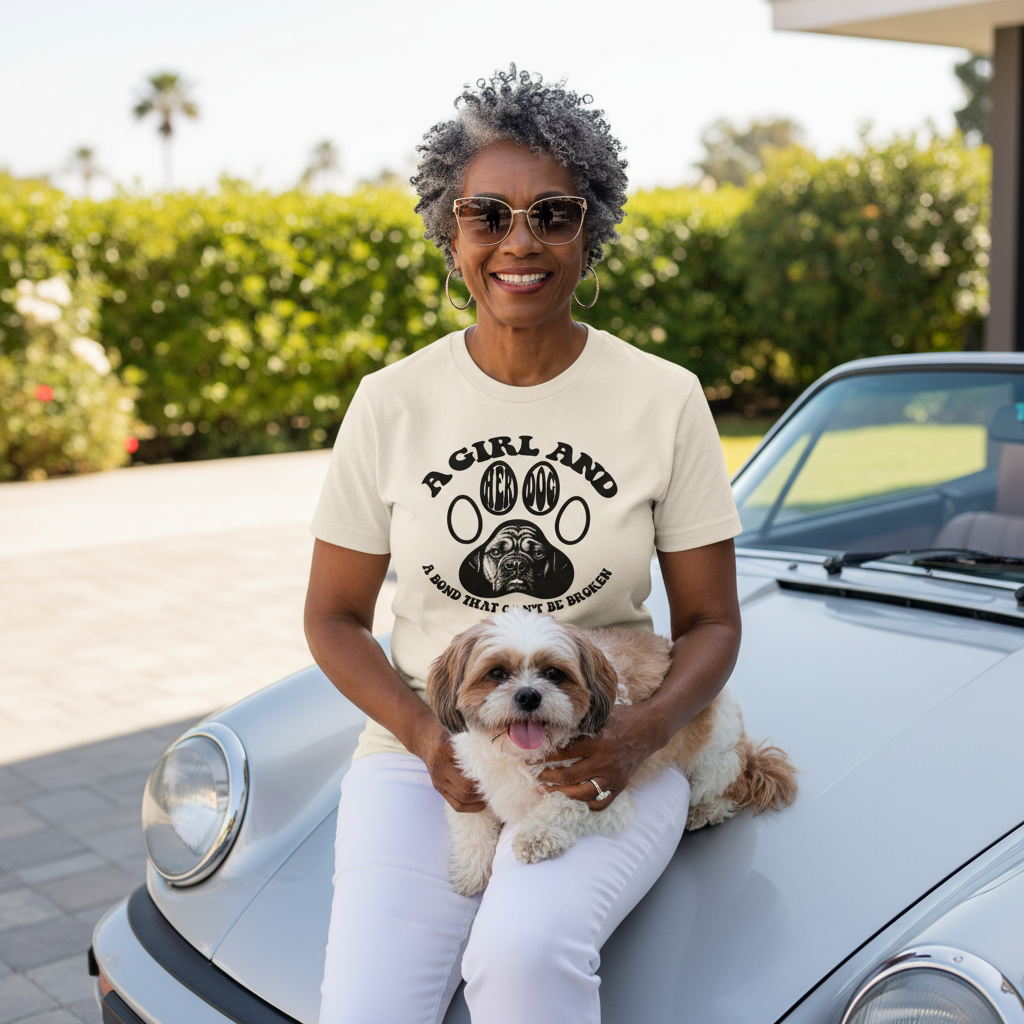 Smiling woman sitting on a car with her small dog, wearing a beige T-shirt that reads “A Girl and Her Dog — A Bond That Can’t Be Broken.”
