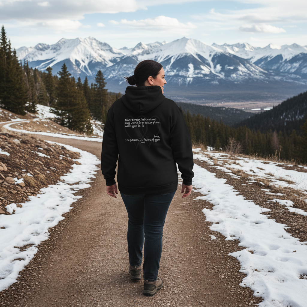 Black hoodie with white printed text reading, "Dear person behind me, my world is a better place with you in it. Love, the person in front of you." A heartfelt and motivational design symbolizing kindness, encouragement, and human connection.