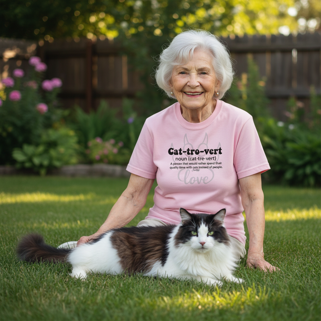 Elderly woman sitting on green grass wearing a pink “Cat-tro-vert” T-shirt with the quote “A person that would rather spend their quality time with cats instead of people,” smiling beside her long-haired black and white cat in a sunny backyard — cozy cat lover lifestyle mockup available in multiple colors.