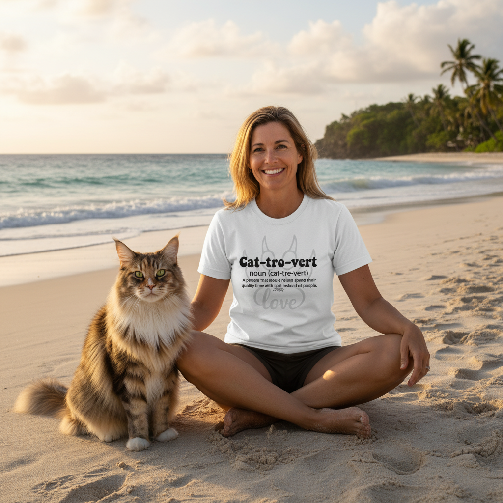 Woman sitting on a sandy beach at sunset wearing a white “Cat-tro-vert” T-shirt with the quote “A person that would rather spend their quality time with cats instead of people,” smiling beside her long-haired cat — relaxing beach lifestyle mockup highlighting cat lover apparel available in multiple colors.