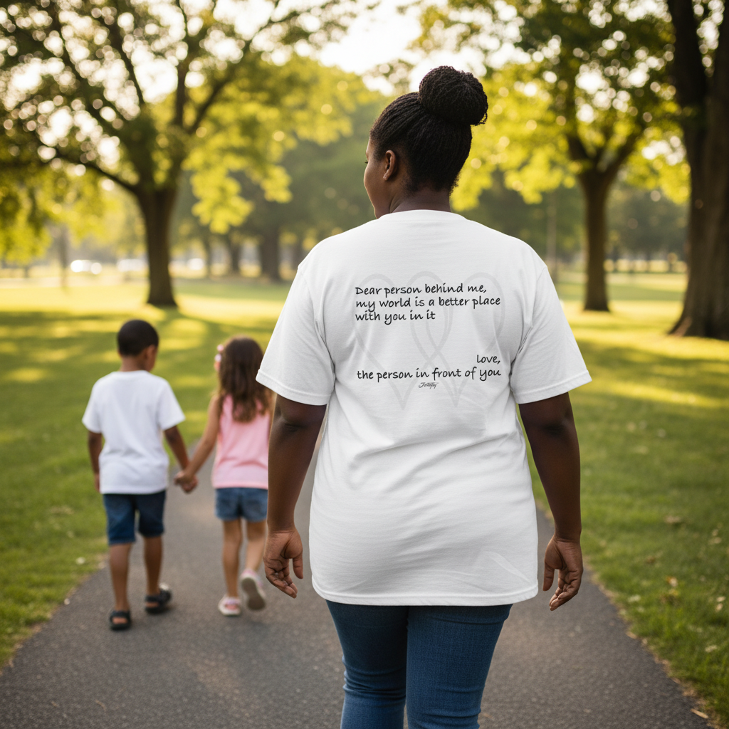 Inspirational white T-shirt with the message “Dear person behind me, my world is a better place with you in it. Love, the person in front of you.” promoting kindness, love, and connection, worn outdoors on a sunny day.