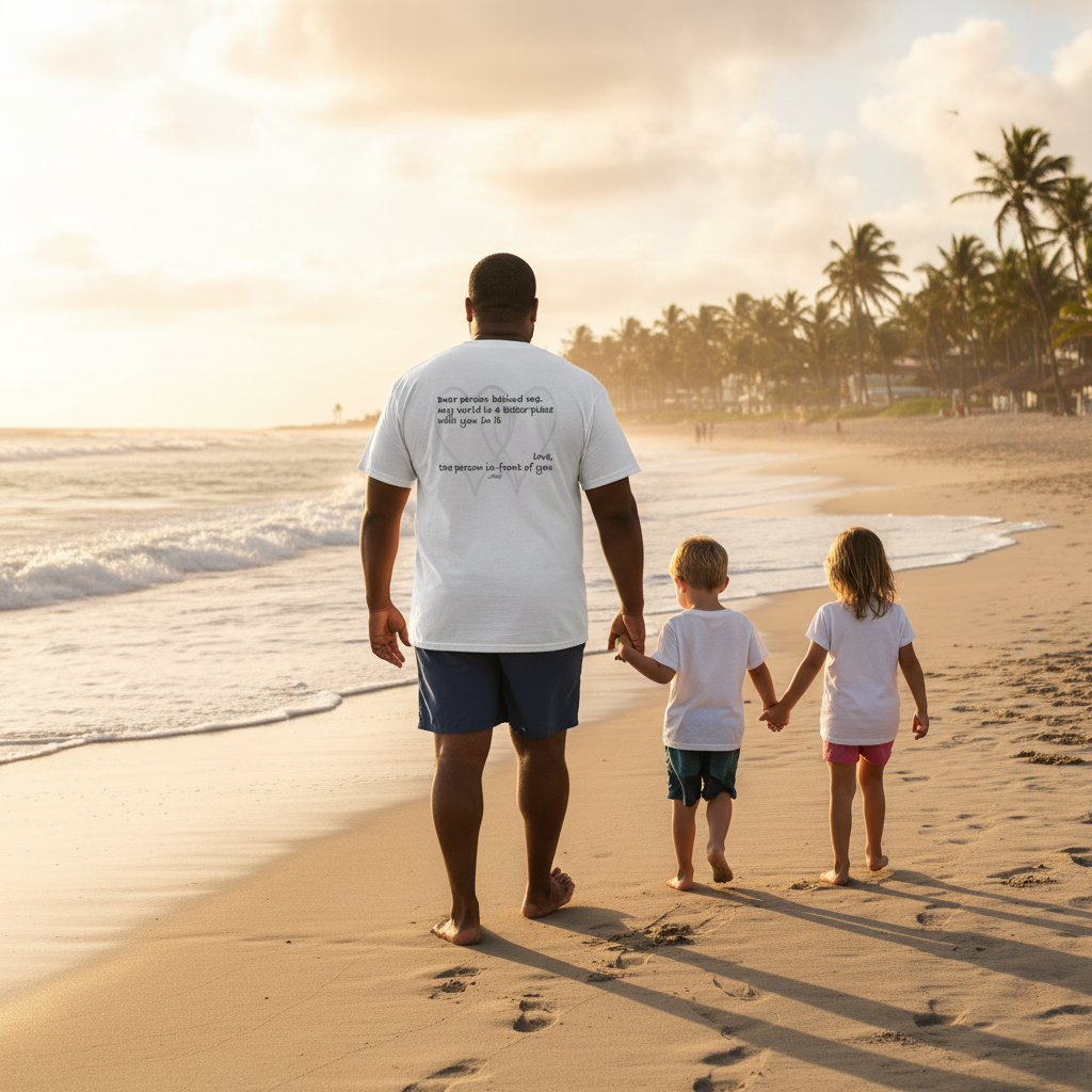 Woman walking on the beach at sunset with two children, wearing a white T-shirt that reads, “Dear person behind me, my world is a better place with you in it. Love, the person in front of you.” A heartwarming inspirational shirt promoting kindness, gratitude, and connection.
