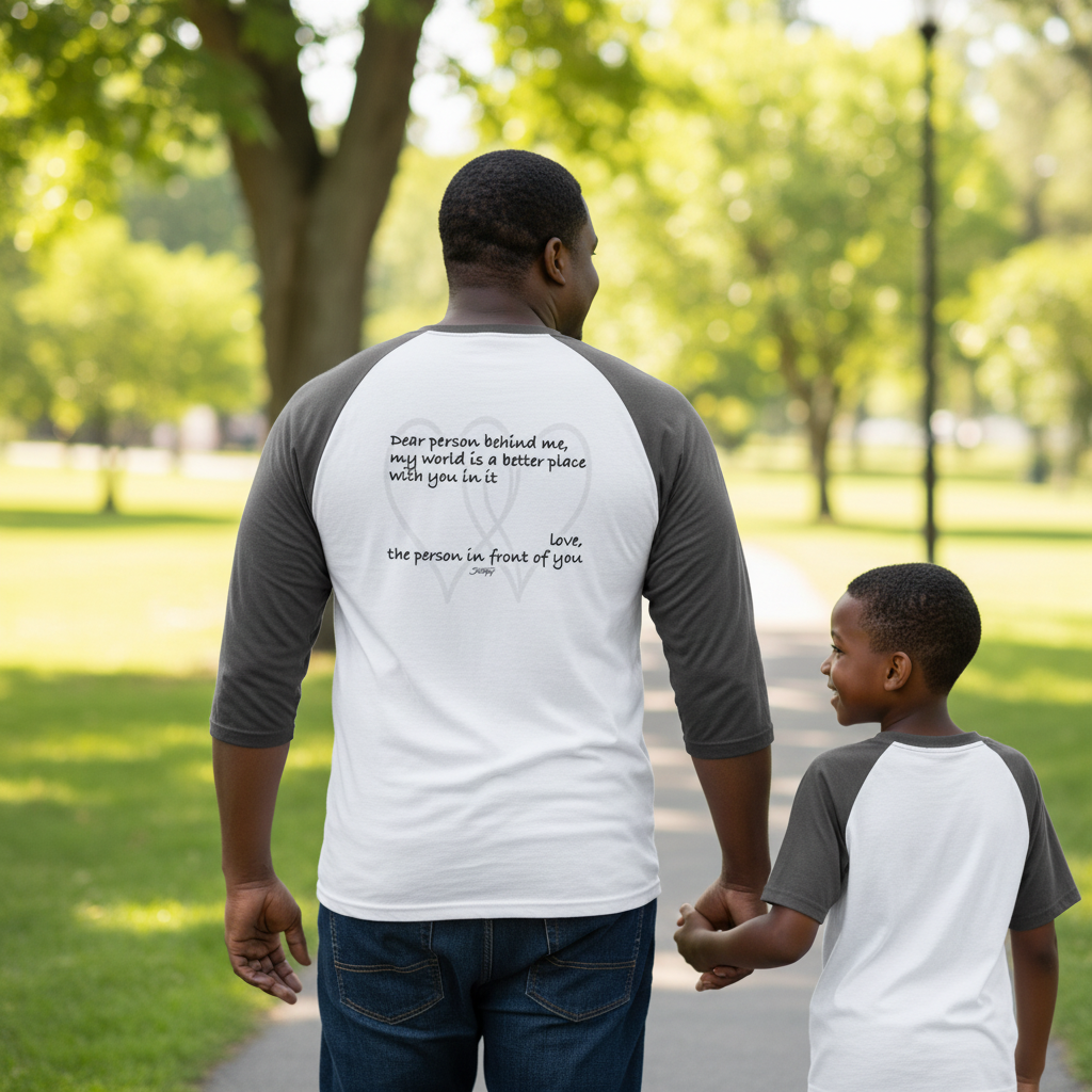 Father walking hand in hand with his son through a sunny park, wearing a white and gray raglan shirt with the quote: "Dear person behind me, my world is a better place with you in it. Love, the person in front of you." A touching and inspirational image symbolizing love, kindness, and encouragement.