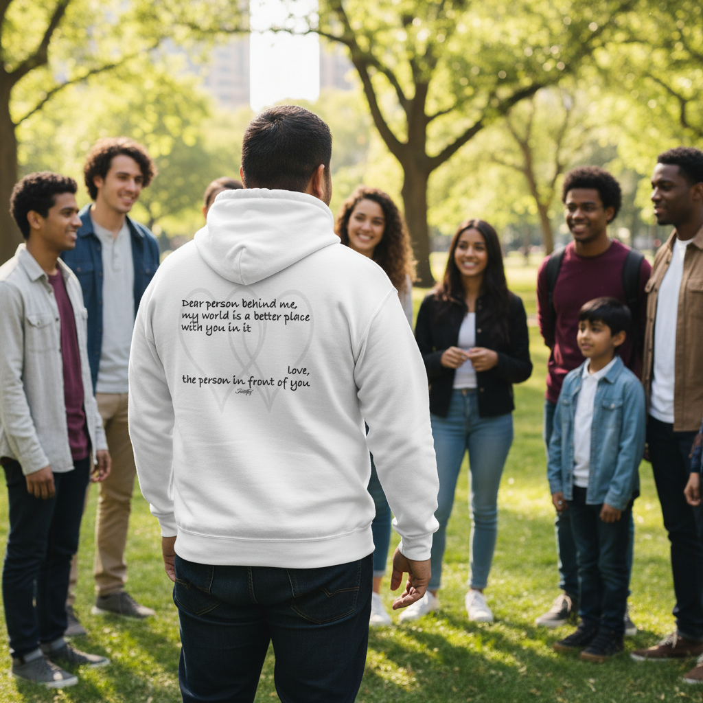 Man standing with his back to a group of smiling people in a sunny park, wearing a white hoodie printed with the message “Dear person behind me, my world is a better place with you in it.” A warm and inspiring outdoor lifestyle scene promoting kindness and positivity.