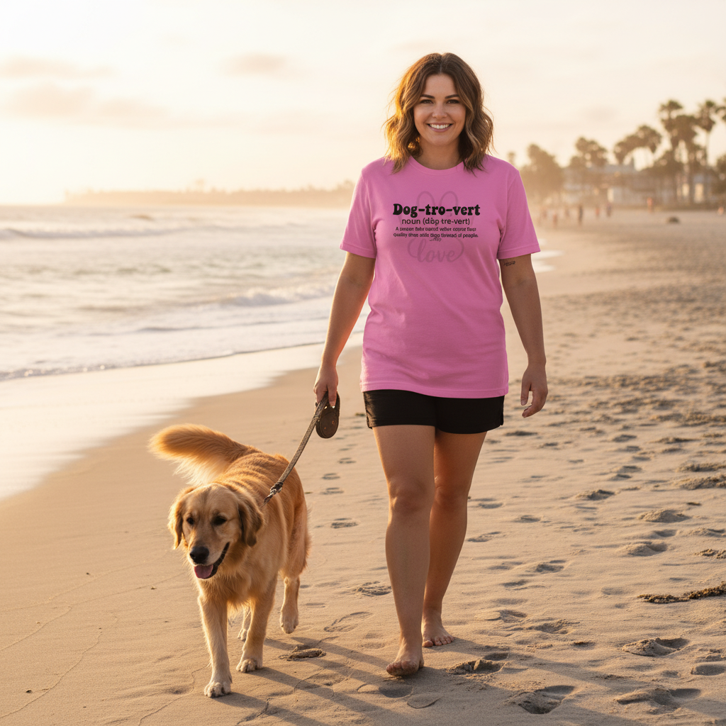 Smiling woman walking her golden retriever along the beach at sunset, wearing a pink “Dog-tro-vert” T-shirt that defines a dog lover who prefers spending time with dogs over people.