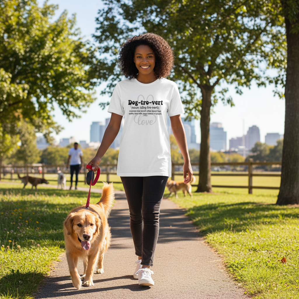 Happy woman walking her golden retriever through a sunny park while wearing a white “Dog-tro-vert” T-shirt that humorously defines someone who prefers dogs over people.