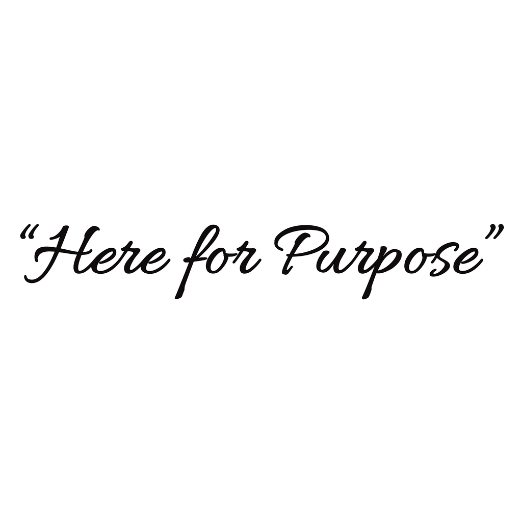 Minimalist white background design with elegant cursive black text reading “Here for Purpose.” A clean and motivational graphic emphasizing meaning, drive, and personal growth.