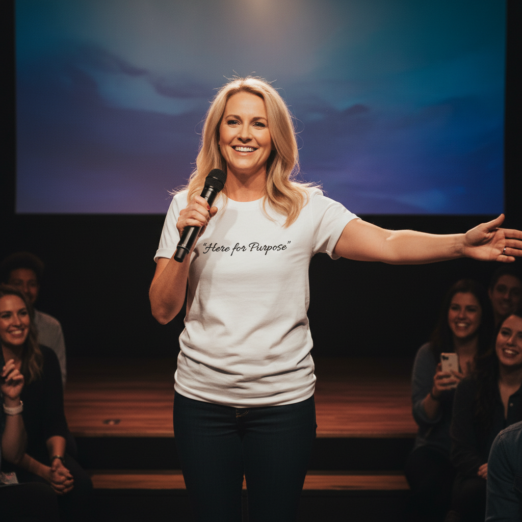 Woman speaking confidently on stage in a white T-shirt with the text “Here for Purpose.” A motivational speaker inspiring an audience, wearing an empowering minimalist shirt that symbolizes drive, passion, and purpose.