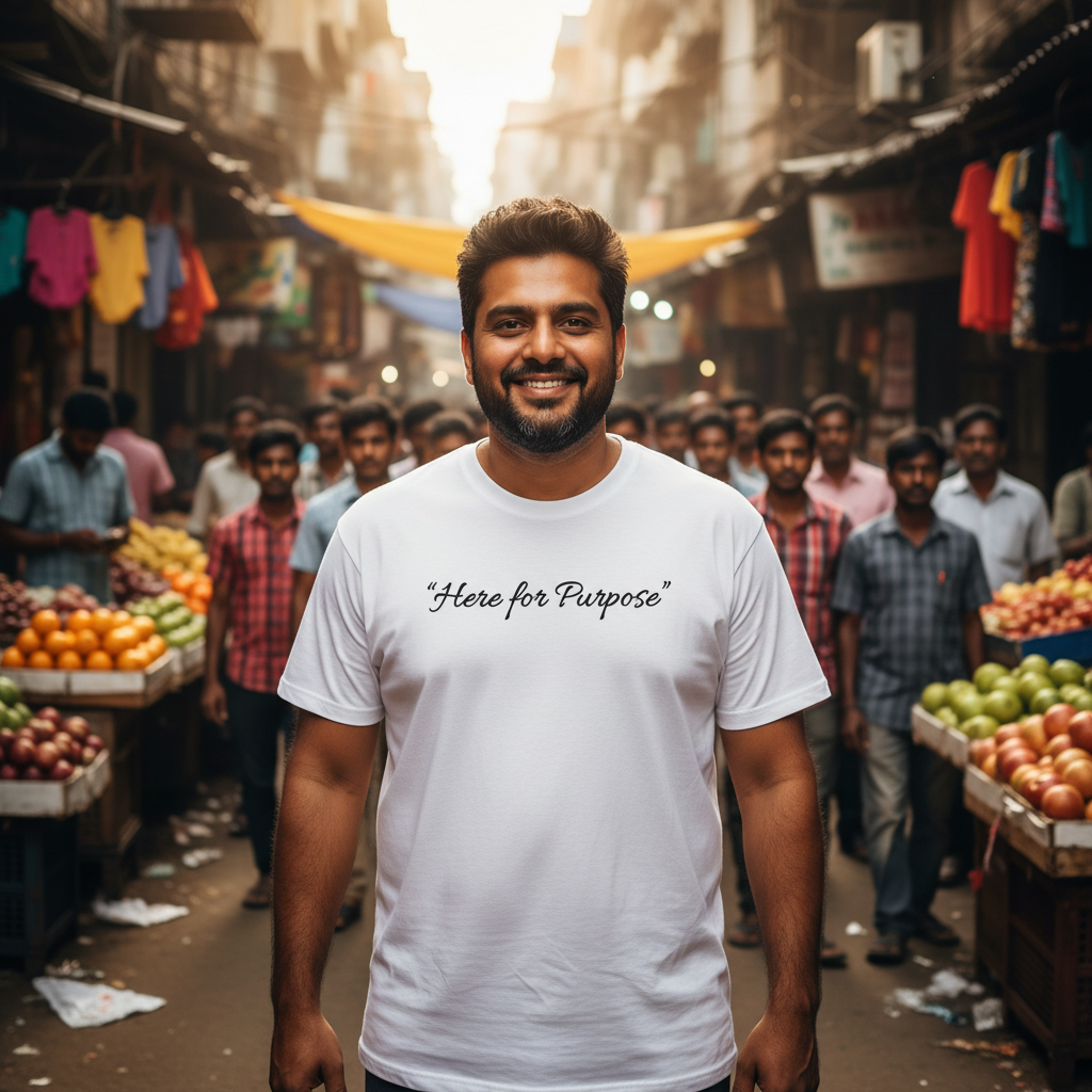 Man standing confidently in a busy outdoor market wearing a white T-shirt with the text “Here for Purpose.” The scene conveys motivation, confidence, and a sense of positive purpose in everyday life.