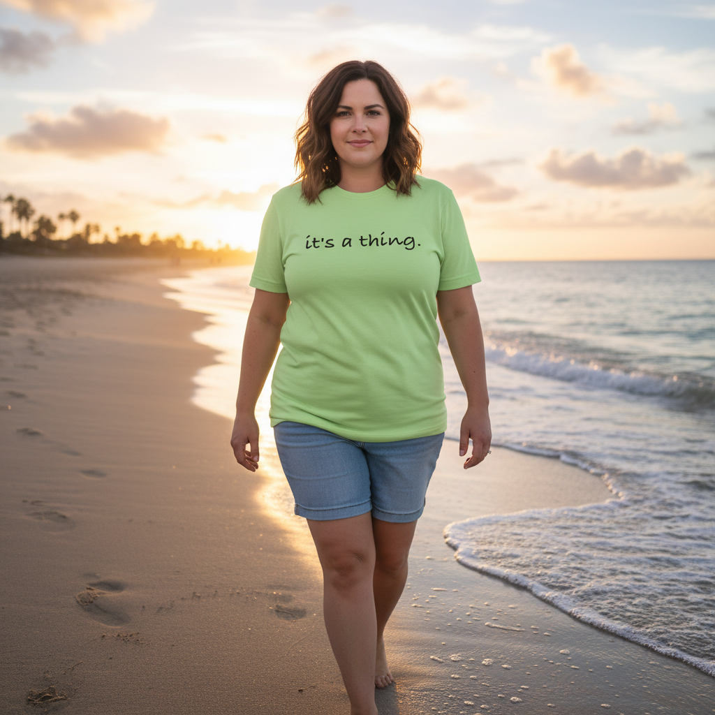 Woman walking along the beach at sunset wearing a lime green “it’s a thing.” T-shirt and denim shorts, reflecting a calm, confident lifestyle with positive minimalist fashion.