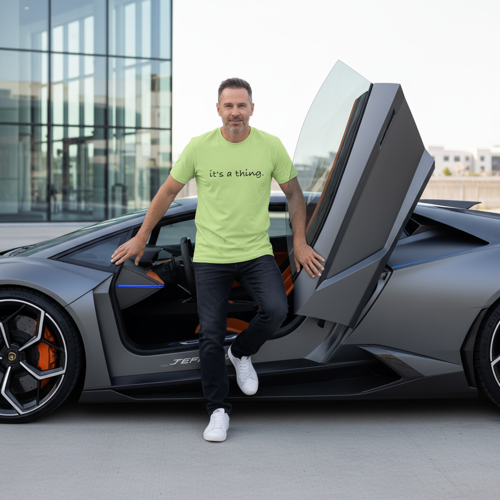 Man stepping out of a sleek gray sports car wearing a lime green T-shirt with the words “it’s a thing.” printed in black — modern minimalist tee paired with a confident lifestyle aesthetic.