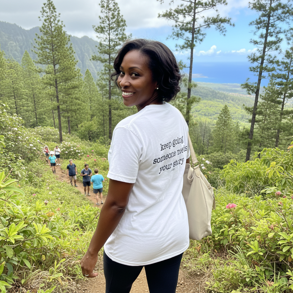 Woman smiling while hiking a mountain trail wearing a white T-shirt with the motivational quote “keep going someone needs your story.” The image conveys perseverance, positivity, and encouragement in nature.