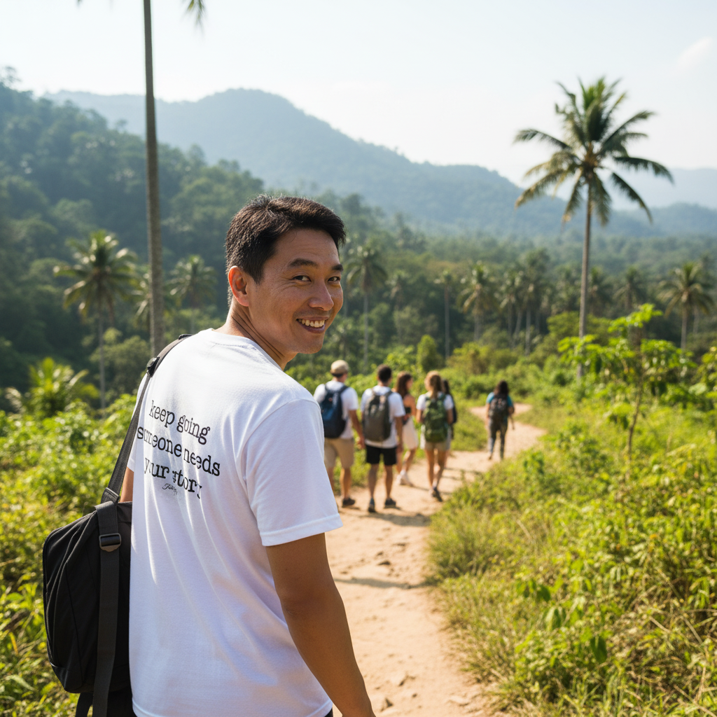 Smiling man hiking on a sunny forest trail wearing a white T-shirt that reads “keep going someone needs your story.” An uplifting outdoor lifestyle photo promoting motivation, hope, and perseverance.