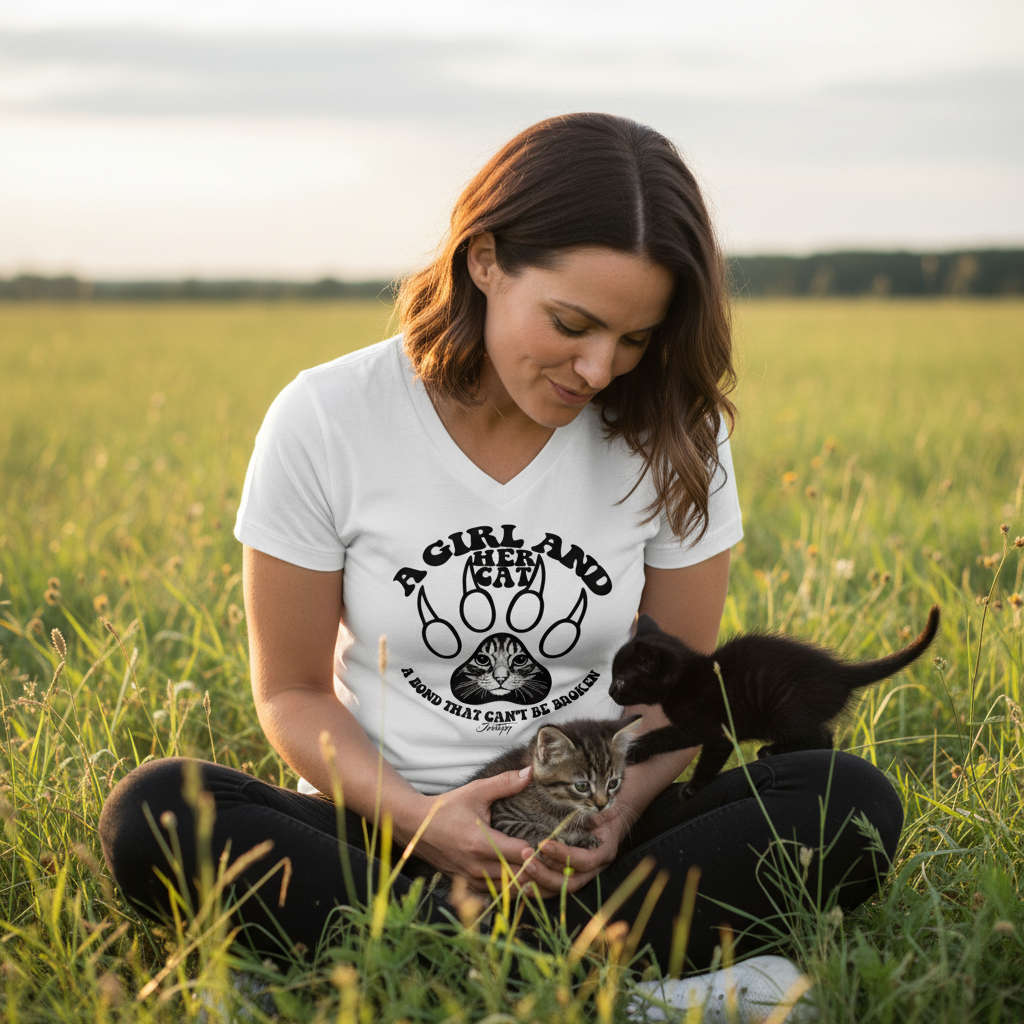 “Woman wearing white ‘A Girl and Her Cat’ T-shirt sitting in a sunny field while playing with two kittens.”