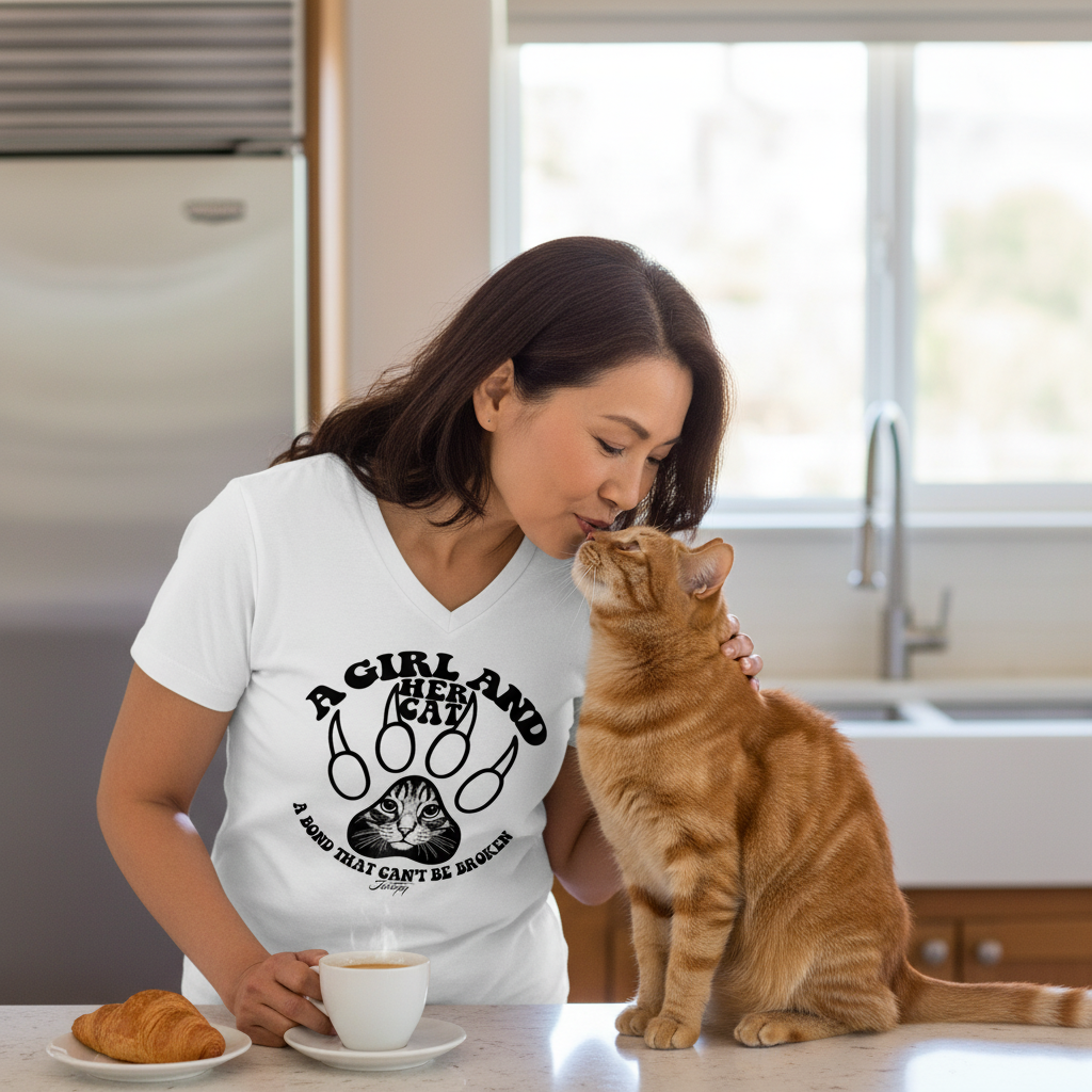 “Woman wearing white ‘A Girl and Her Cat’ T-shirt in kitchen, gently touching noses with her orange cat while holding a cup of coffee.”