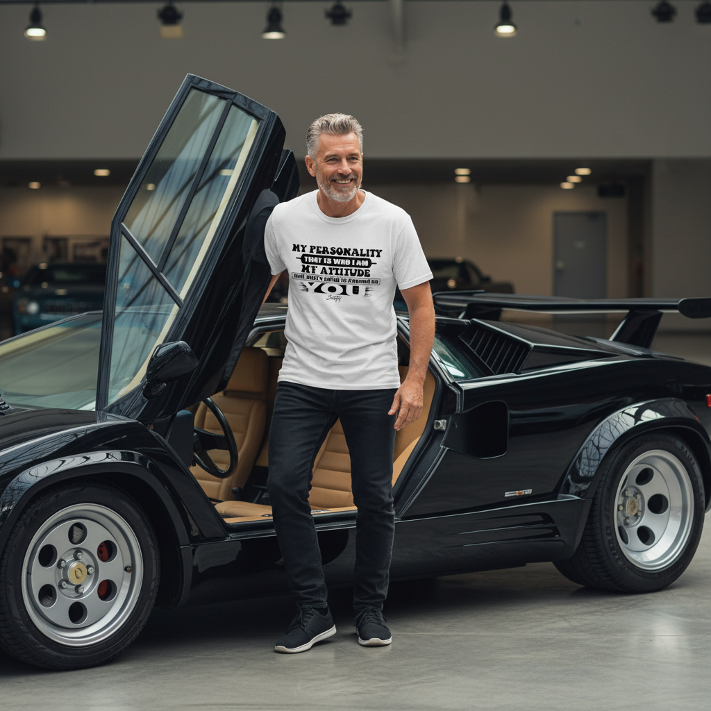 “Confident man wearing white ‘My Personality My Attitude’ T-shirt standing beside a sleek black sports car with the door open.”