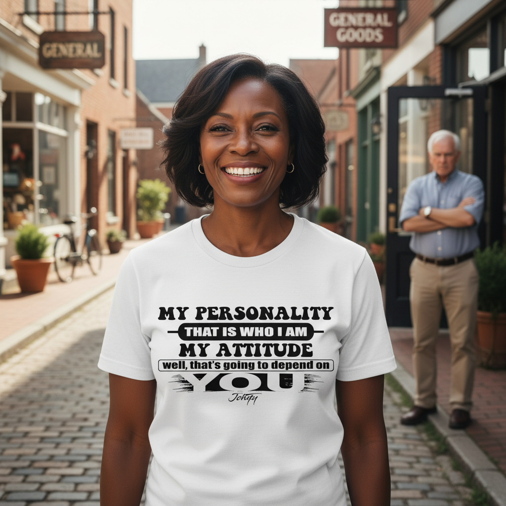 “Smiling woman wearing white ‘My Personality My Attitude’ T-shirt walking down a sunny street with shops in the background.”