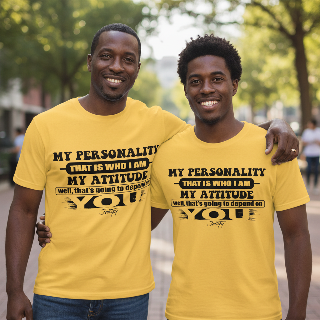“Two smiling men wearing matching yellow ‘My Personality My Attitude’ T-shirts while standing outdoors with arms around each other.”