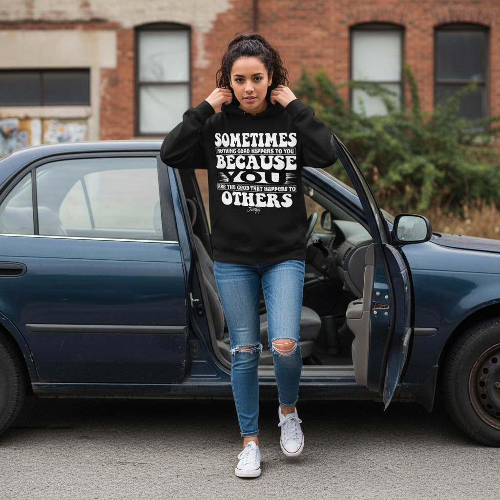 “Woman wearing black ‘Sometimes nothing good happens to you because you are the good that happens to others’ hoodie stepping out of a car on an urban street.”
