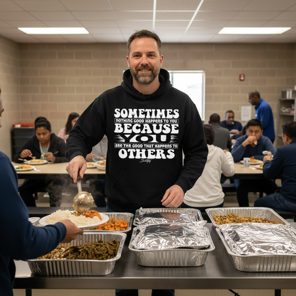 “Man wearing black ‘Sometimes nothing good happens to you because you are the good that happens to others’ hoodie while serving food at a community meal.”