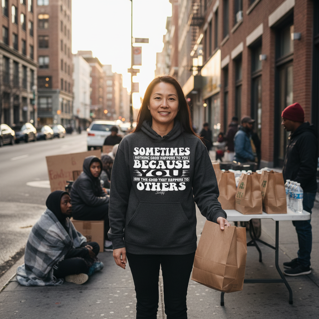 “Woman wearing dark gray ‘Sometimes nothing good happens to you because you are the good that happens to others’ hoodie while volunteering and handing out food on a city street.”