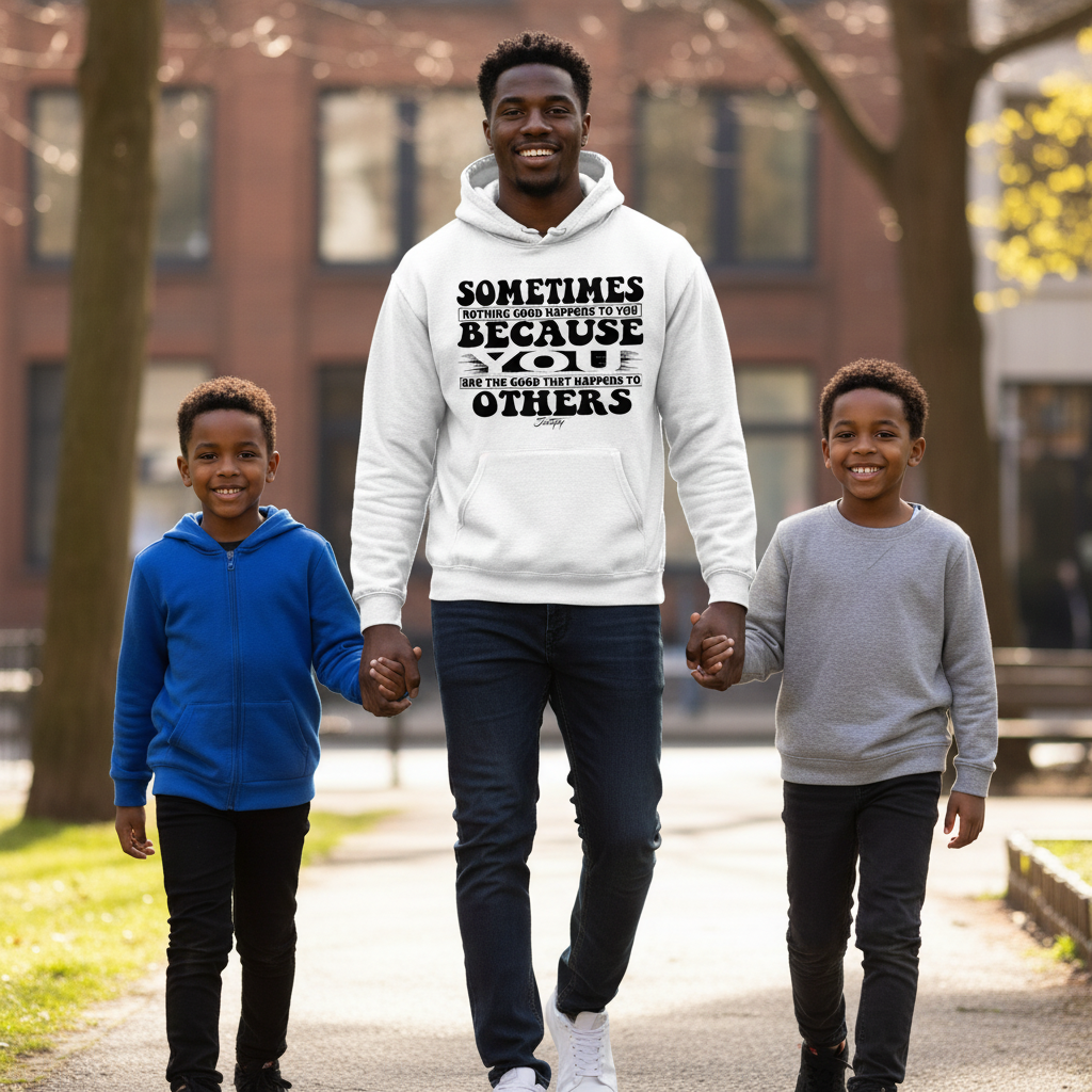 “Smiling man wearing white ‘Sometimes nothing good happens to you because you are the good that happens to others’ hoodie walking outdoors hand in hand with two young boys.”