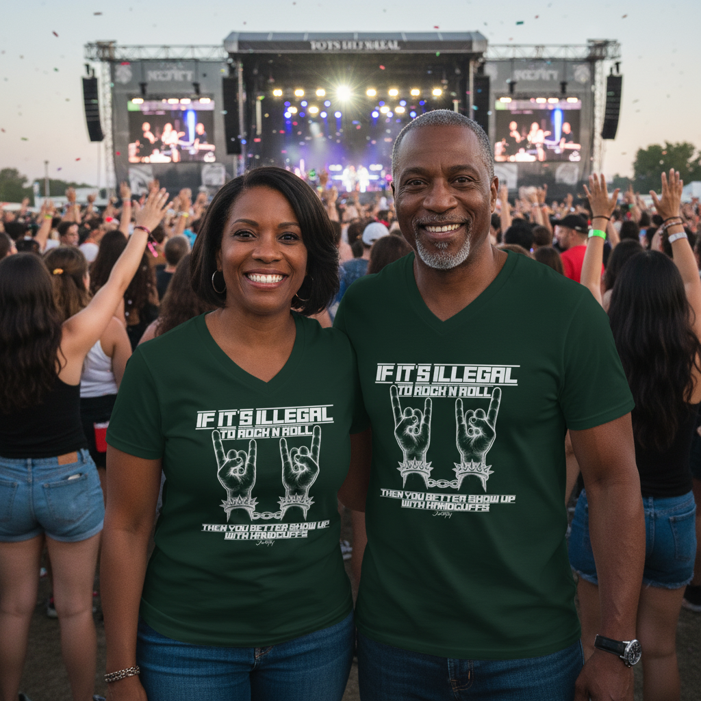 Couple wearing matching green "If it’s illegal to rock n’ roll, then you better show up with handcuffs" t-shirts at a live rock concert. They are smiling and posing in front of a lively crowd with the stage in the background, embodying the spirit of rock music.