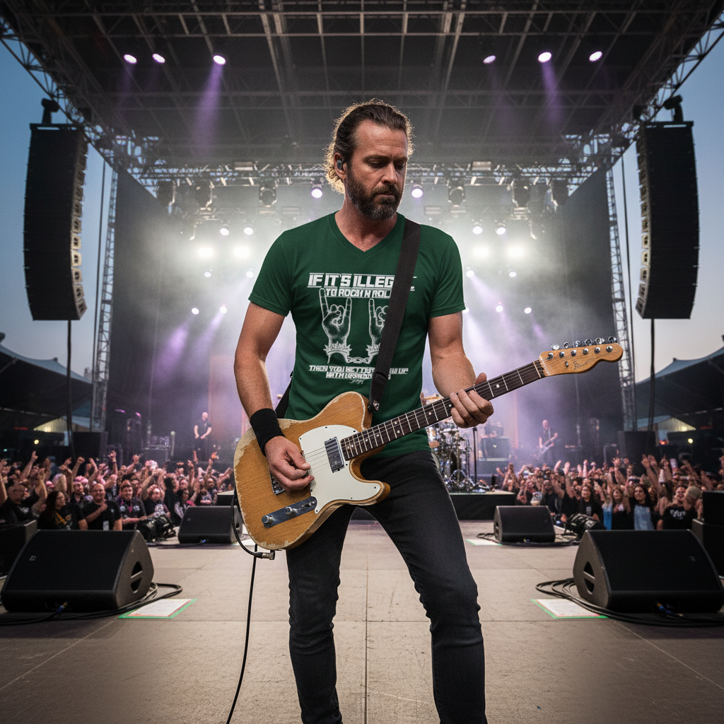 Guitarist wearing a green t-shirt with the quote: "If it's illegal to rock n' roll, then you better show up with handcuffs" during a live performance on stage. The image captures the energy of a rock concert, with a vibrant crowd and stage lights.