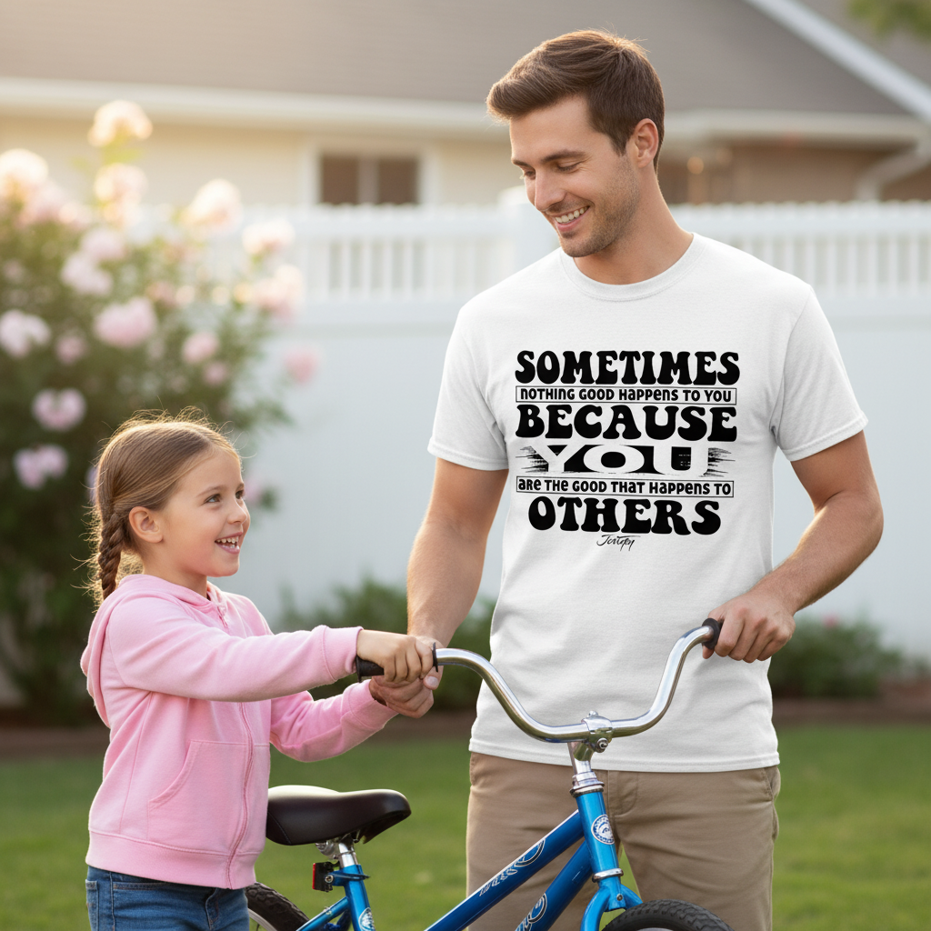 Smiling father wearing a white T-shirt with the quote “Sometimes nothing good happens to you because you are the good that happens to others,” helping his young daughter ride a bicycle outdoors on a sunny day.