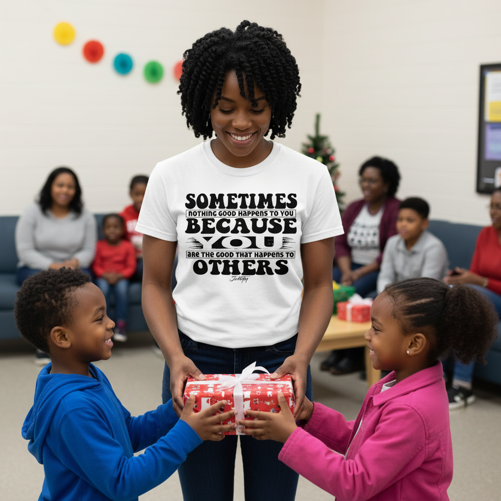 Smiling woman wearing a white T-shirt with the quote “Sometimes nothing good happens to you because you are the good that happens to others” while giving a wrapped gift to two happy children in a cozy family holiday setting.