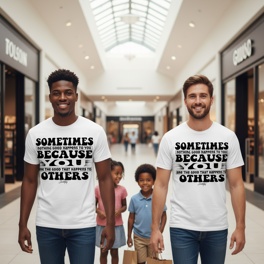 Two smiling men wearing matching white T-shirts with the quote “Sometimes nothing good happens to you because you are the good that happens to others,” walking through a shopping mall with two cheerful children following behind them.