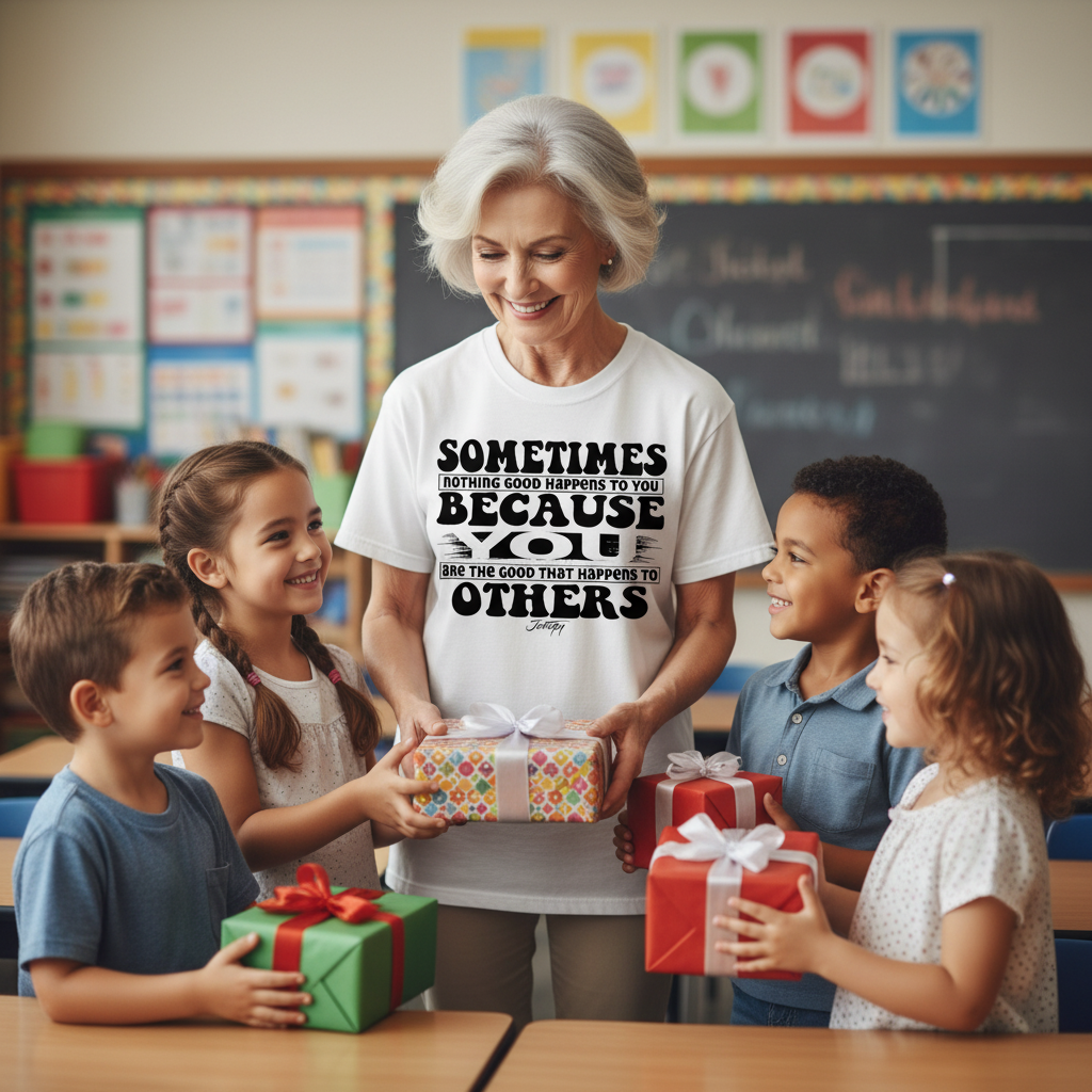 Smiling older woman wearing a white T-shirt with the quote “Sometimes nothing good happens to you because you are the good that happens to others,” standing in a cheerful classroom as children give her wrapped gifts.