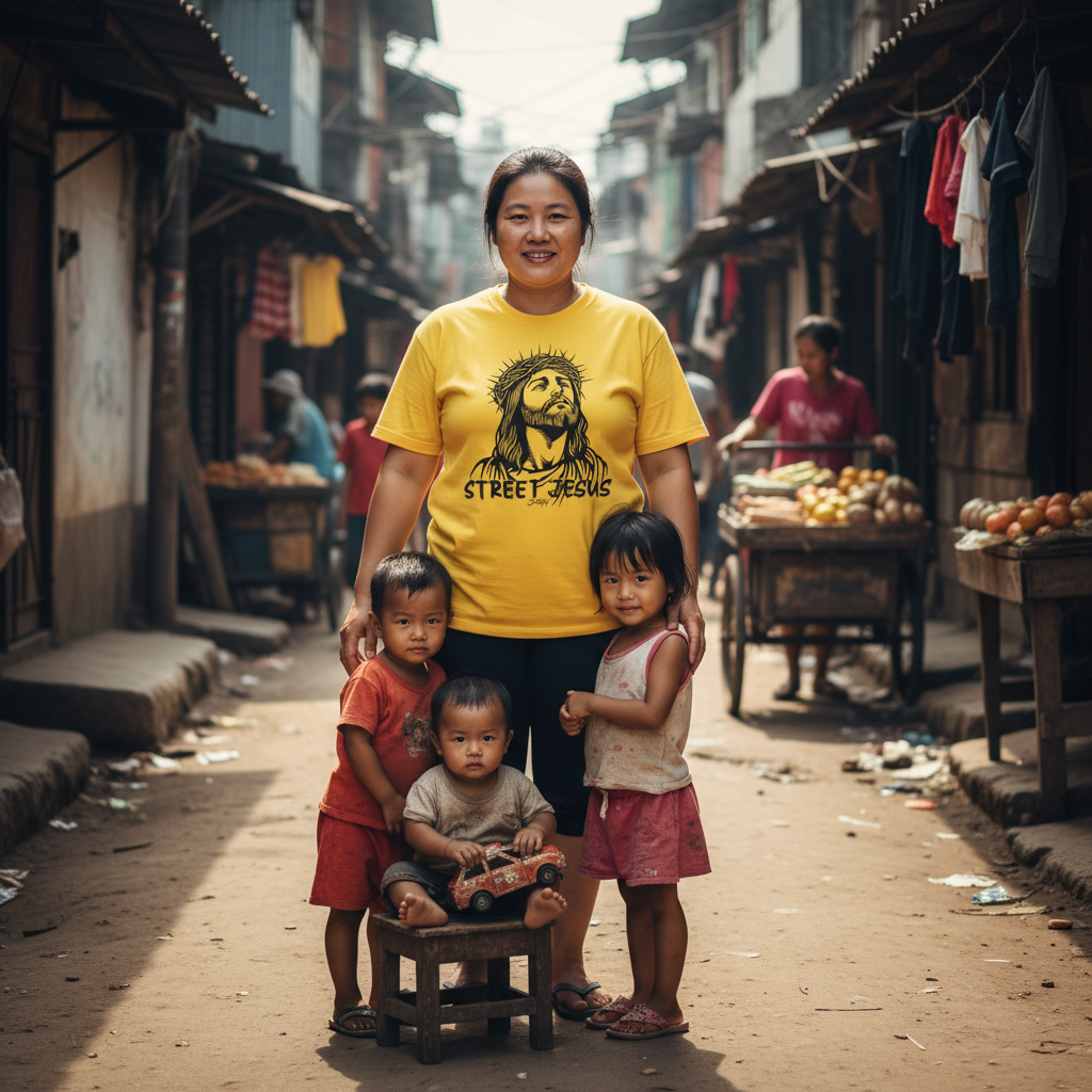 A woman wearing a yellow "Street Jesus" t-shirt poses with three young children in an urban setting with narrow alleyways and vendors in the background. The children are standing and sitting on a stool, while the woman smiles. The scene conveys a warm, community atmosphere amidst the street market surroundings.