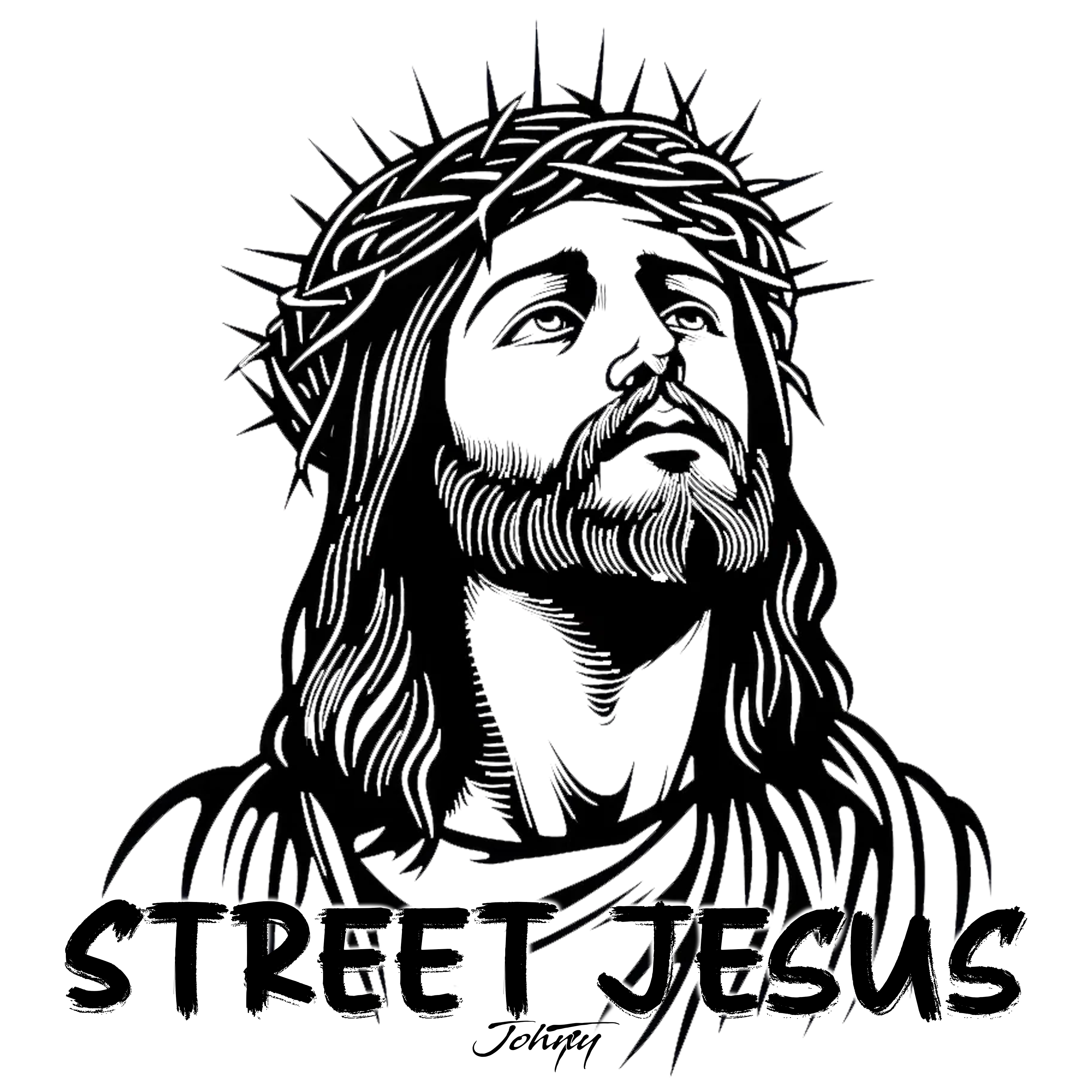 Black and white illustration of Jesus with a crown of thorns, looking upwards. The graphic is accompanied by bold text at the bottom reading "STREET JESUS" with the designer's signature "Johnny" below it.