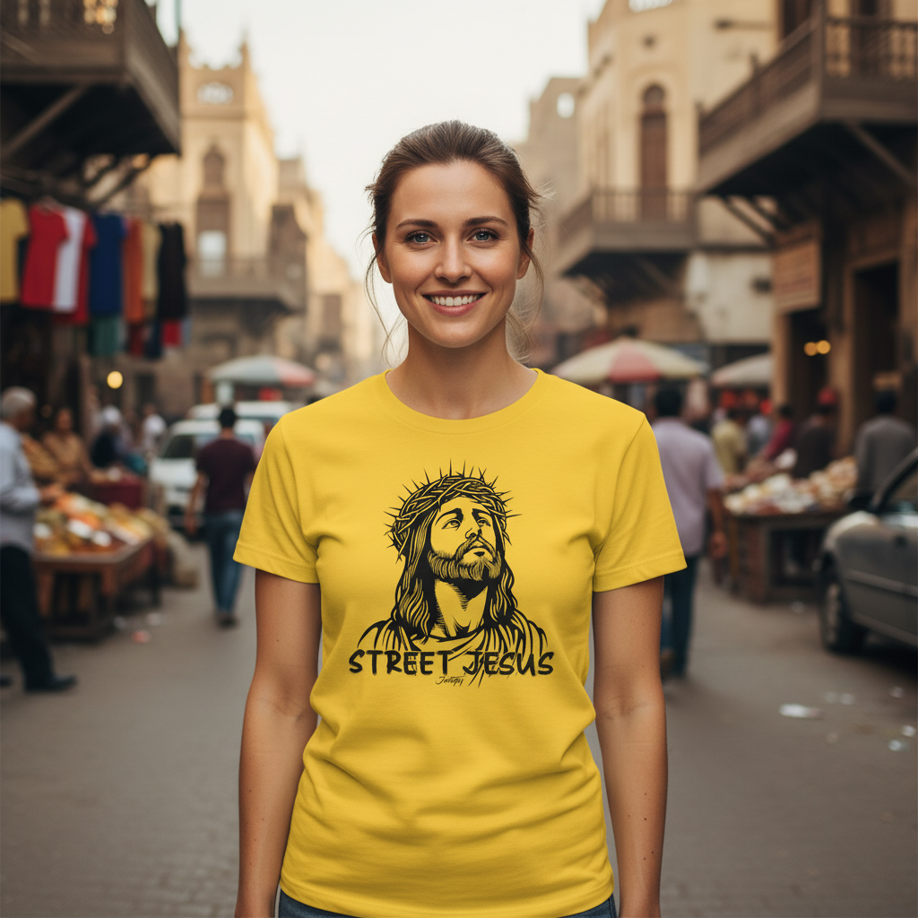 A woman smiles while wearing a yellow "Street Jesus" t-shirt in a bustling market street. The background shows various market stalls, colorful clothes hanging, and people shopping. The lively scene captures the energy of the city, with a sense of warmth and vibrancy. The woman's expression is friendly and welcoming as she stands confidently in the crowd.